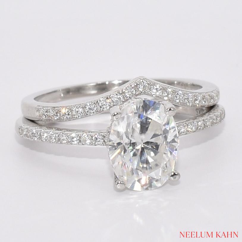 Certified 2.19Ct Moissanite Diamond Oval Hidden Halo Band set S925 Silver Rings