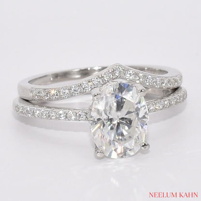 Certified 2.19Ct Moissanite Diamond Oval Hidden Halo Band set S925 Silver Rings