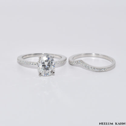 Certified 2.19Ct Moissanite Diamond Oval Hidden Halo Band set S925 Silver Rings