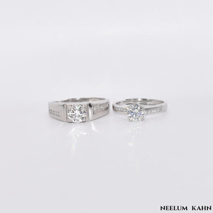 Certified 2Ct (1Ct Each) Moissanite S925 Silver Couple Adjustable Rings With Wooden Heart Ring Box