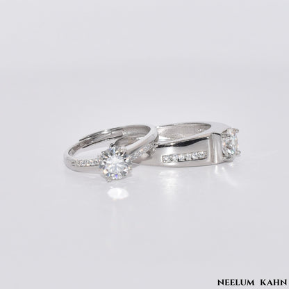 Certified 2Ct (1Ct Each) Moissanite S925 Silver Couple Adjustable Rings With Wooden Heart Ring Box