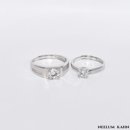 Certified 2Ct (1Ct Each) Moissanite S925 Silver Couple Adjustable Rings With Wooden Heart Ring Box
