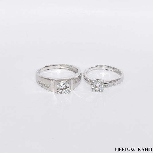 Certified 2Ct (1Ct Each) Moissanite S925 Silver Couple Adjustable Rings With Wooden Heart Ring Box
