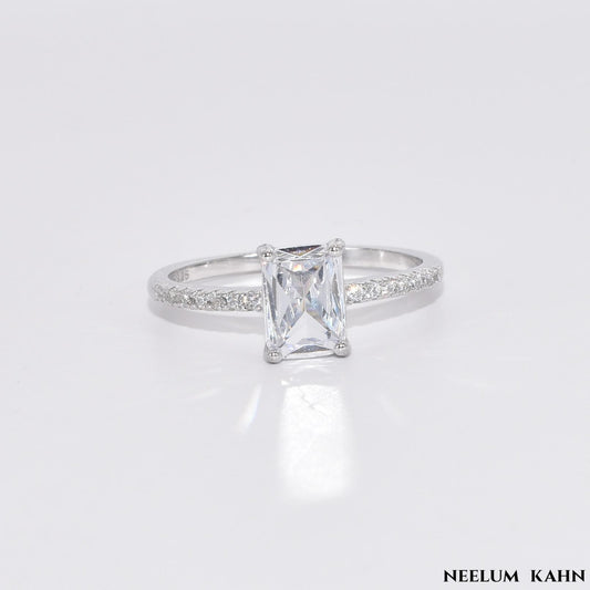 Solid 925 Sterling Silver Emerald Cut Zircon Ring for Women