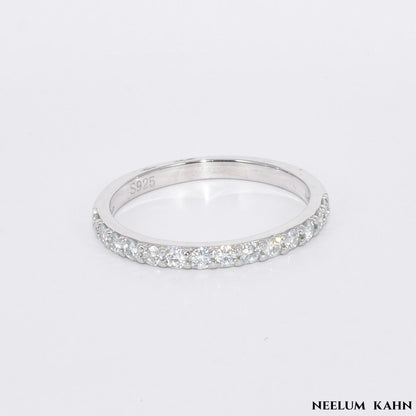 Sterling Silver Moissanite Band Ring, 0.19Ct Round Cut, VVS1 Clarity, Size Options, LED Red Heart Ring Box and Gift Sack Included