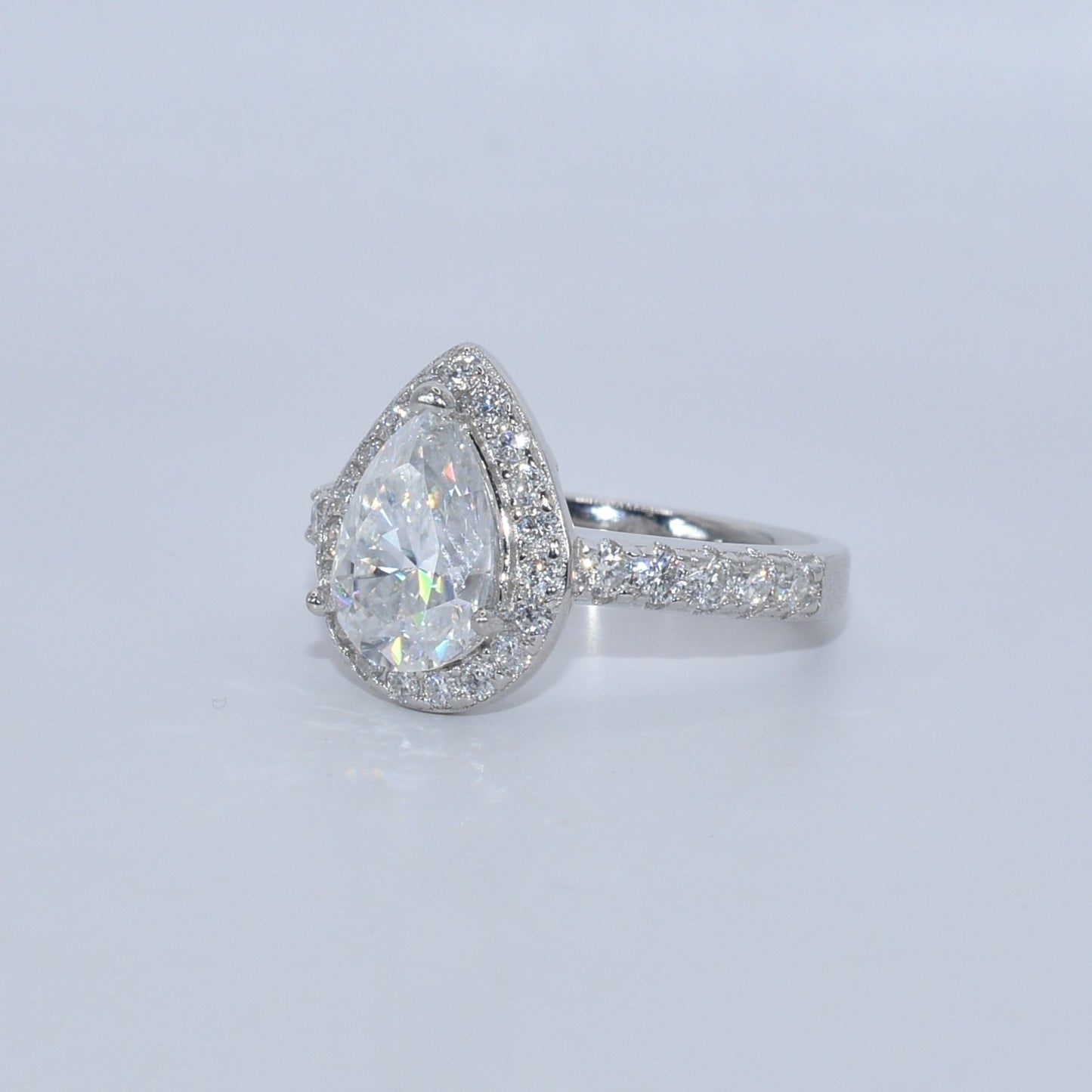2Ct+ Pear Halo All Moissanite Engagement Ring | 925 Sterling Silver | D Color VVS1