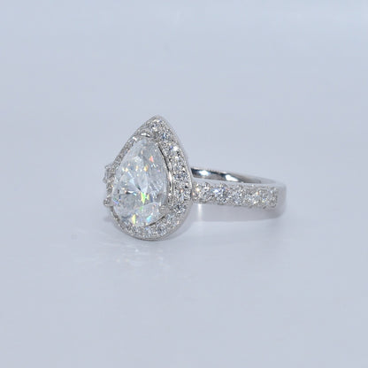 2Ct+ Pear Halo All Moissanite Engagement Ring | 925 Sterling Silver | D Color VVS1