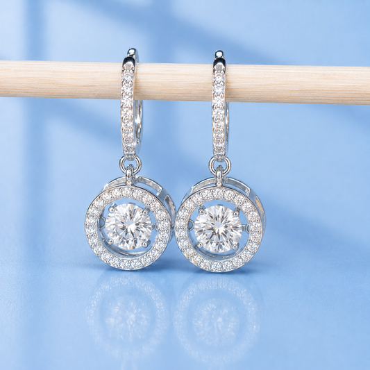 Moissanite Hoop Earrings 1 CT+ Total, Dancing Stone Halo Drop Earrings, 925 Sterling Silver, D Color VVS1, Gift for Women