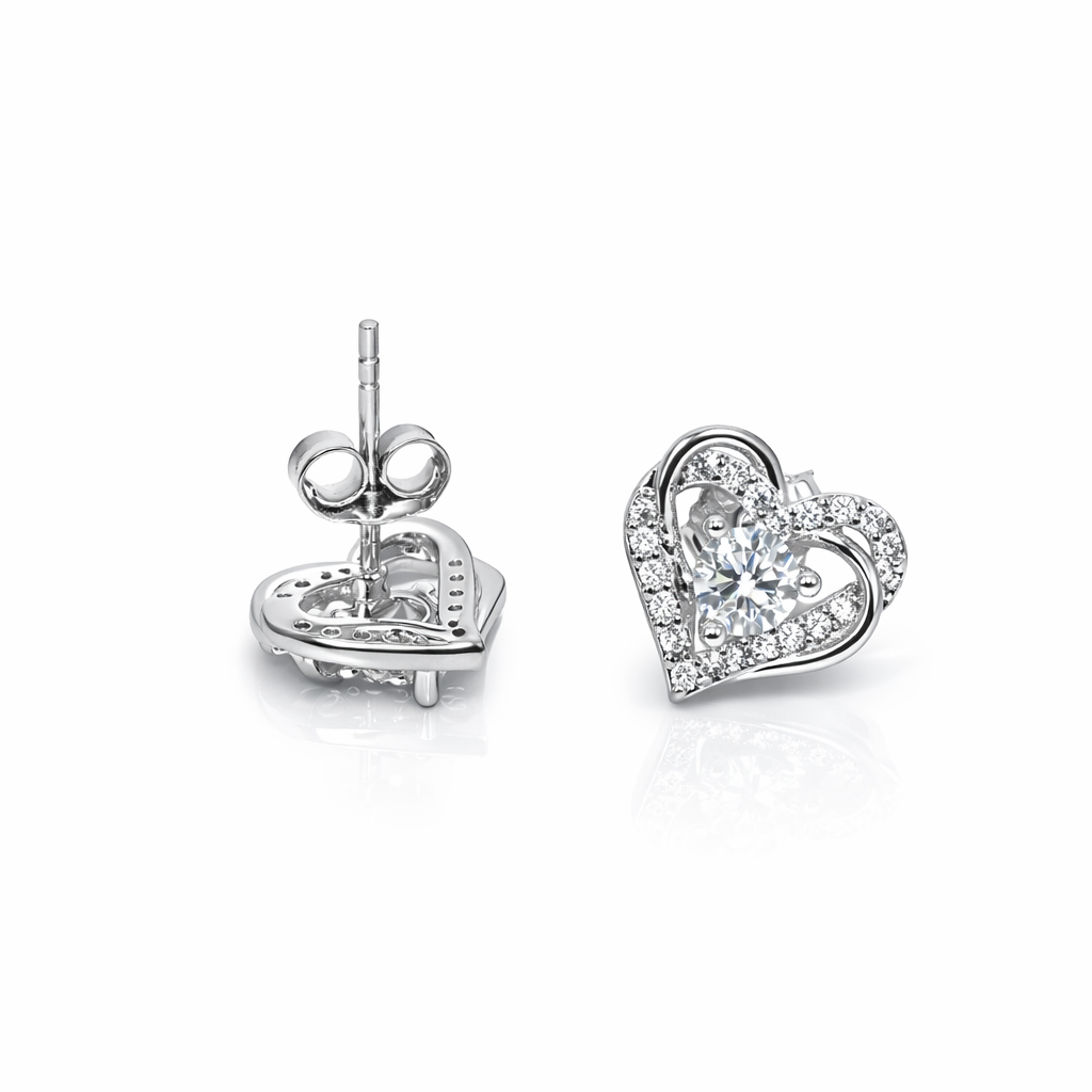 Moissanite Heart Stud Earrings — VVS1 GRA Lab-Created Moissanite, 925 Sterling Silver with 14K White Gold Plating