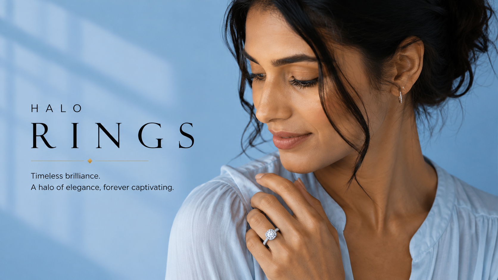 Woman wearing a ring with 'HALO RINGS' branding and tagline on a blue background