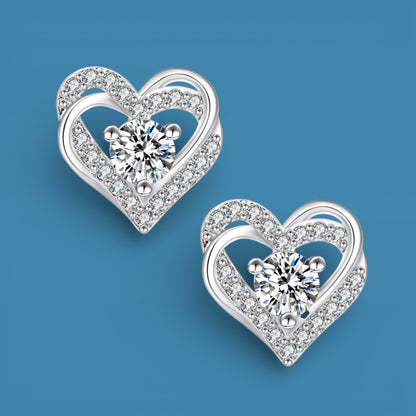 Moissanite Heart Stud Earrings — VVS1 GRA Lab-Created Moissanite, 925 Sterling Silver with 14K White Gold Plating