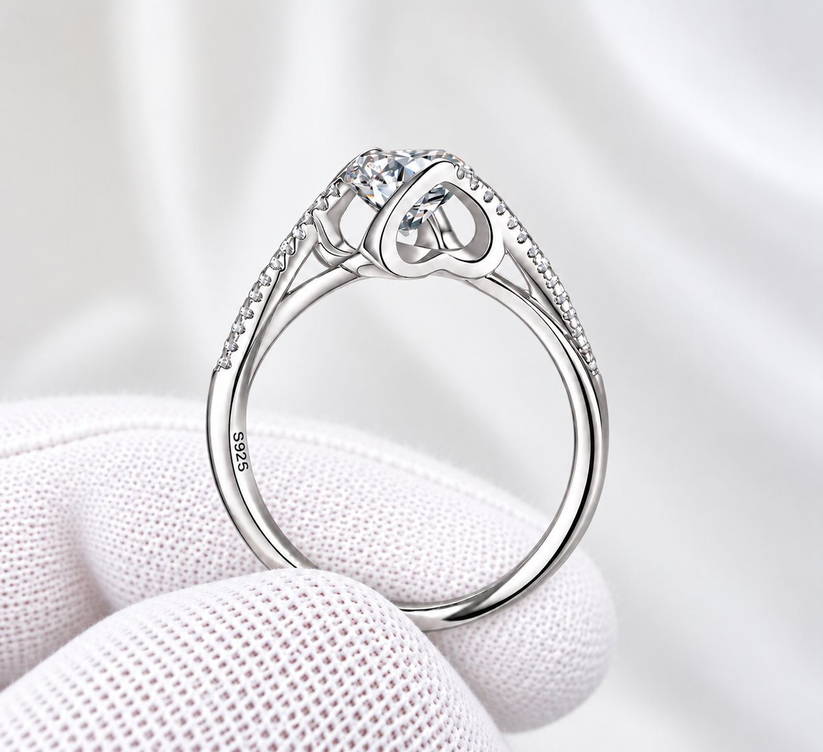 1 Ct Round Moissanite Heart Gallery Infinity Twist Pavé Engagement Ring, S925 Sterling Silver, D Color VVS1 Clarity