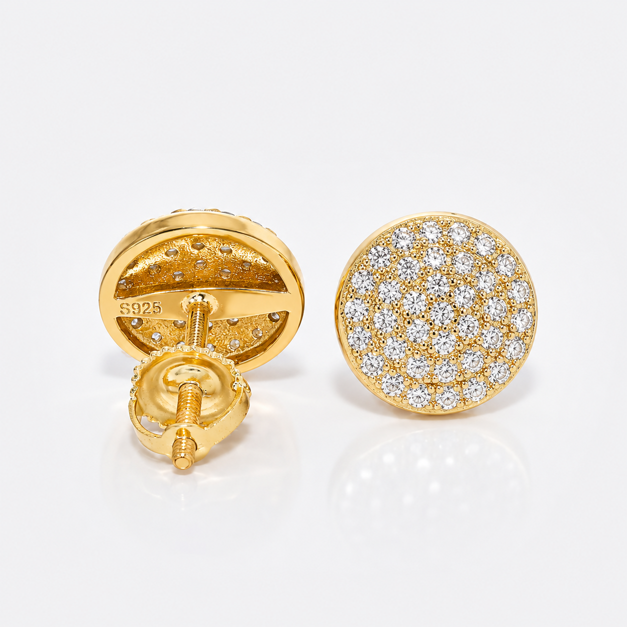 Hip Hop Moissanite Stud Earrings | Yellow Gold Plated 925 Sterling Silver Round Disc 1.2ct