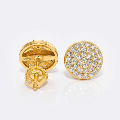 Hip Hop Moissanite Stud Earrings | Yellow Gold Plated 925 Sterling Silver Round Disc 1.2ct
