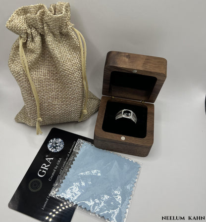 Certified 1Ct Black Moissanite Diamond Ring for Men with Gift Wooden Ring Box