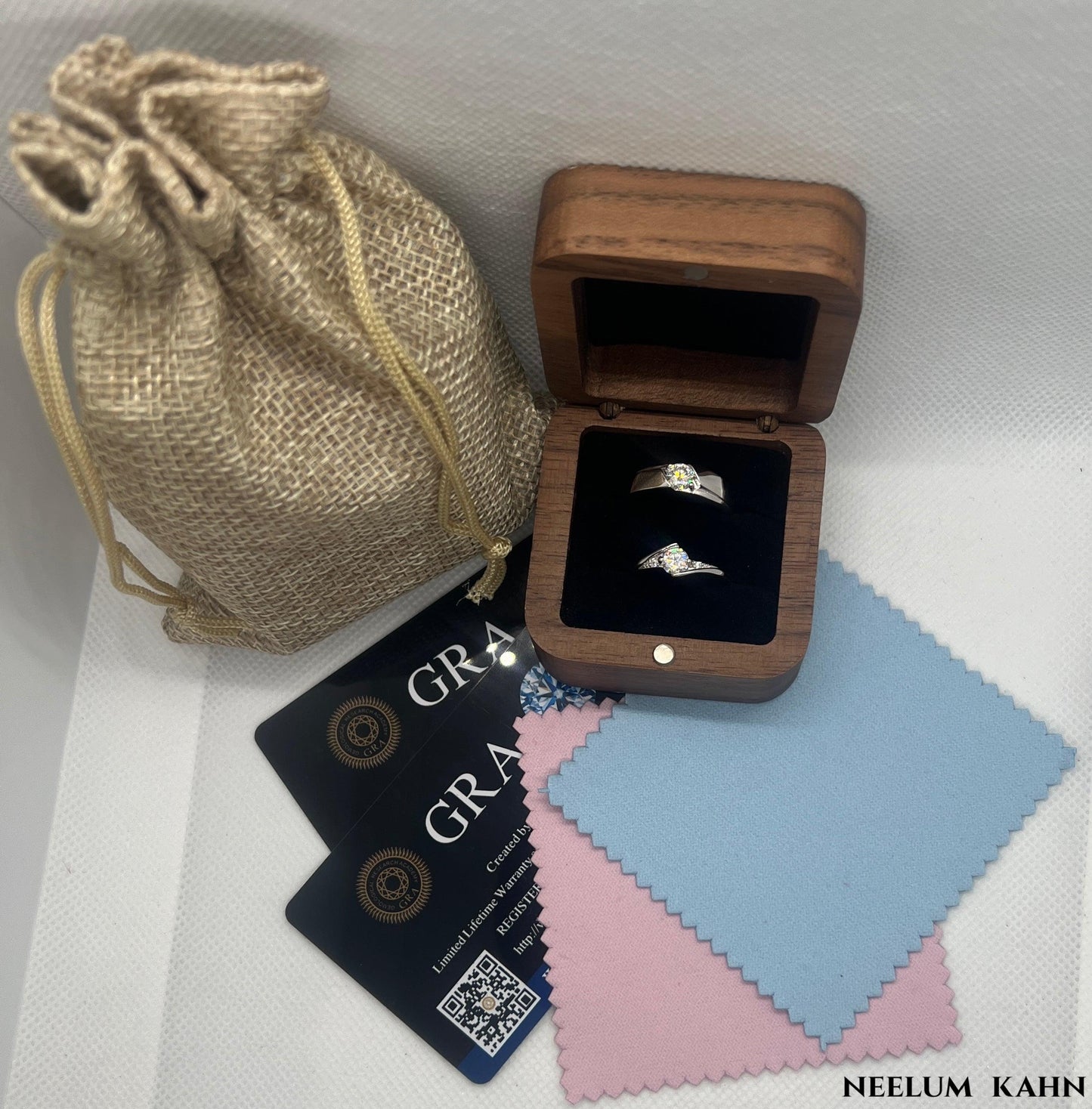 Certified 1ct (0.5ct Each) Moissanite Couple Rings in a Wooden Ring Box