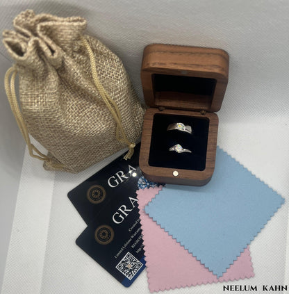 Certified 1ct (0.5ct Each) Moissanite Couple Rings in a Wooden Ring Box