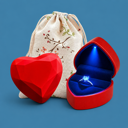 Heart Shaped LED Ring Box with Gift Pouch – Romantic Proposal Jewelry Box for Engagement Rings