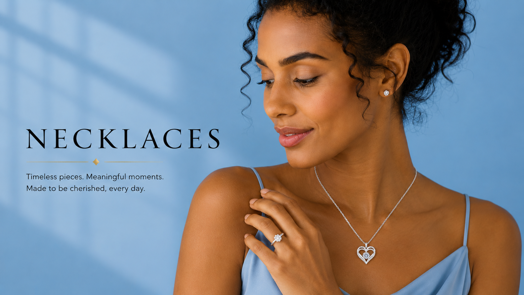 Woman wearing a necklace with a blue background
