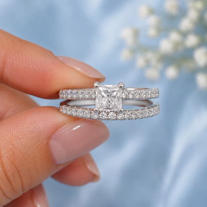 1.19ct Moissanite Princess Cut Wedding Band Set | S925 Silver | VVS1 | 2 Rings