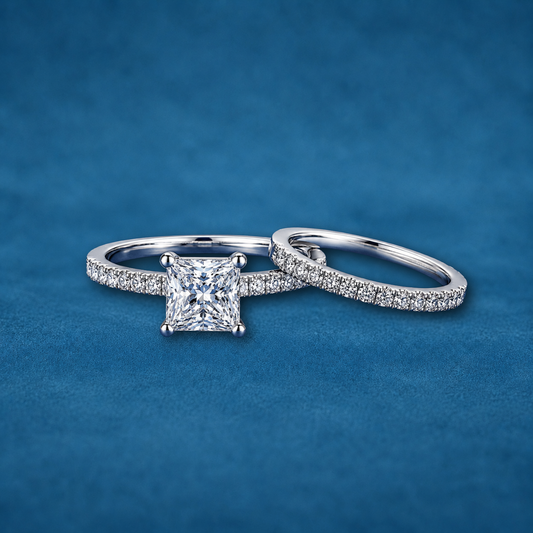 Certified 1.19ct Moissanite Princess Cut Wedding Band Set | S925 Silver | VVS1 | 2 Rings