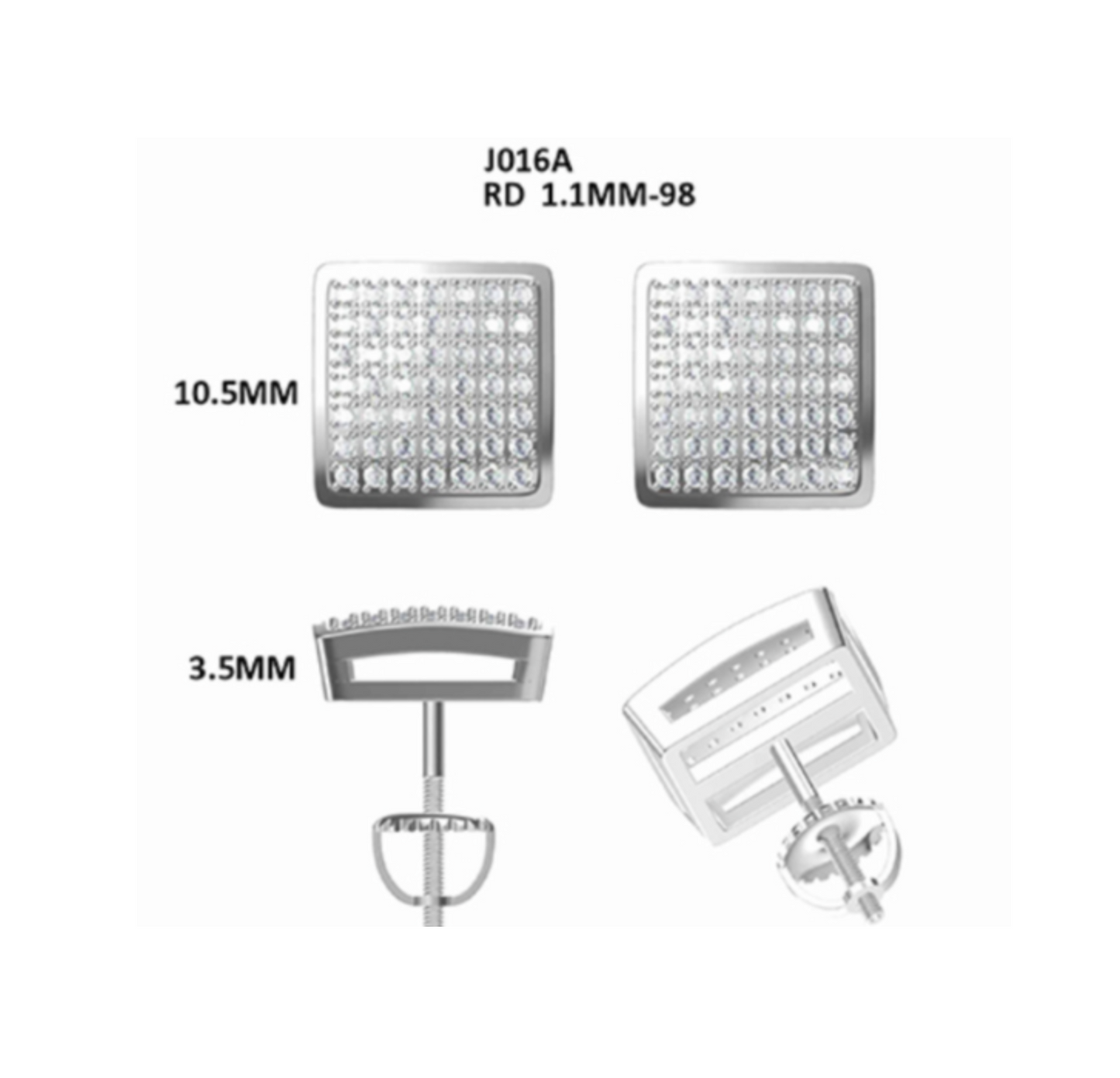 Certified 0.5 (*2)Ct Moissanite Screw Stud Earrings Square Stud for Men – S925 Silver