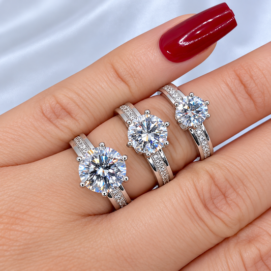 Round Cut Moissanite Engagement Ring – Wide Pavé Band Bridal Ring in Sterling Silver