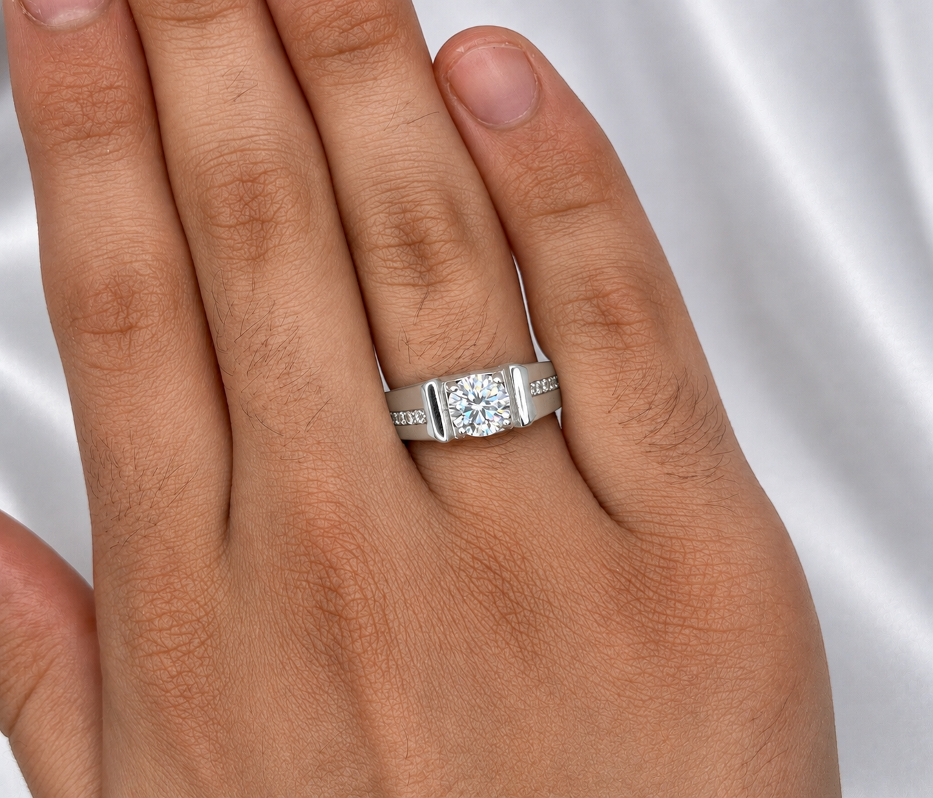 1ct Moissanite Men's Ring in Pave Setting | Adjustable | 18K Gold Plated S925 Silver | VVS1