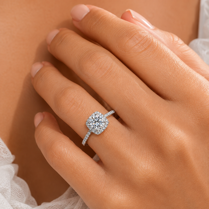 1ct Moissanite Halo Pavé Setting Engagement and Proposal Ring | White Gold Plated S925 | VVS1 | LED Heart Box
