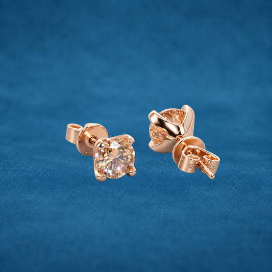 Certified 2ct Champagne Moissanite Stud Earrings | 1ct Each | Yellow Gold Plated S925 Silver