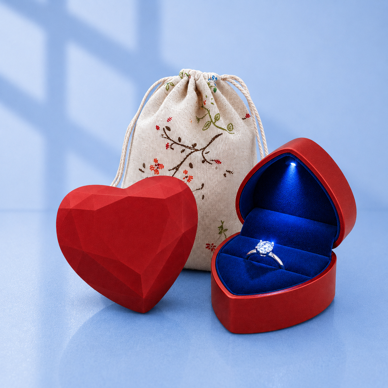Heart Shaped LED Ring Box with Gift Pouch | Romantic Proposal & Jewelry Gift Box | Free Shipping