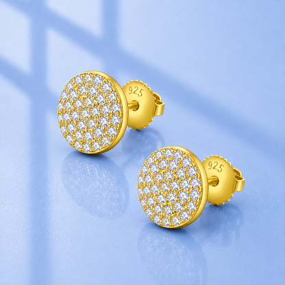Hip Hop Moissanite Stud Earrings | Yellow Gold Plated 925 Sterling Silver Round Disc 1.2ct