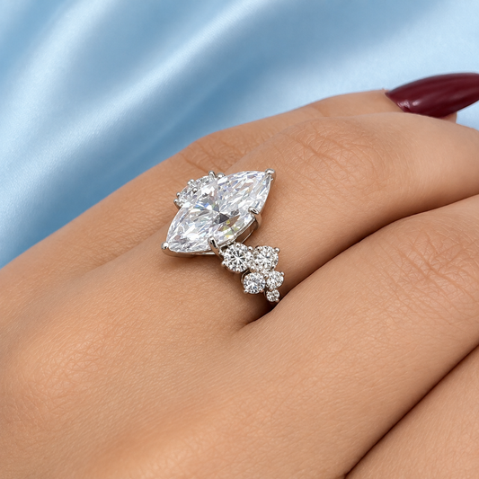 3 Carat + Marquise Cut Moissanite Engagement Ring | 18K White Gold Plated Sterling Silver