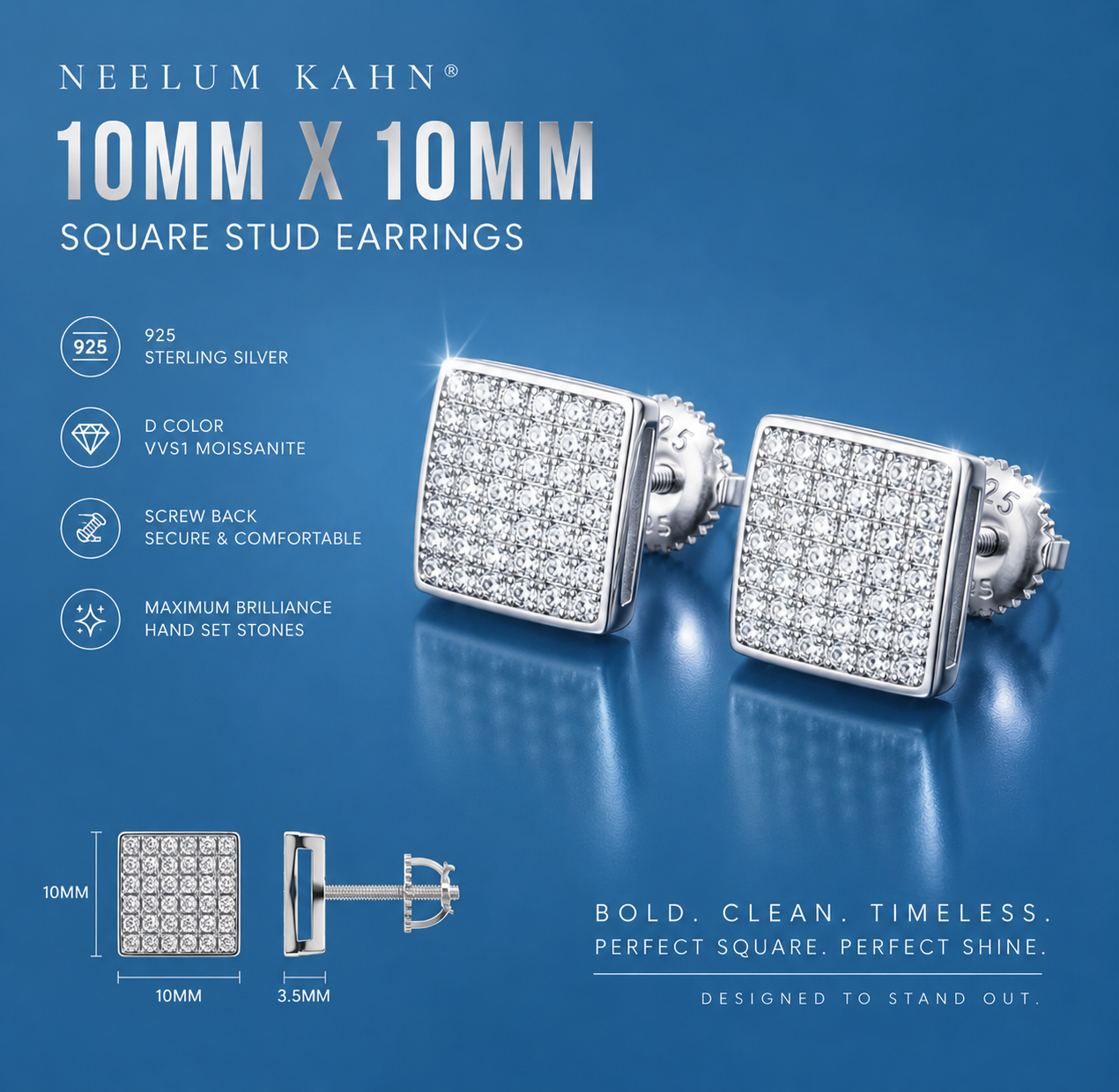 Certified 1ct Moissanite Square Screw Stud Earrings | Hip Hop earrings | VVS1 |