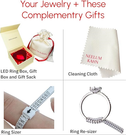 Set of jewelry accessories including LED ring box, cleaning cloth, ring sizer, and ring re-sizer with Neelum Kahn branding.