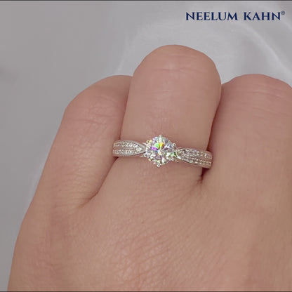 0.5 Ct Round Moissanite Engagement Ring, Sterling Silver Pavé Band
