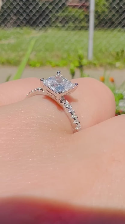1 Ct Princess Cut Zircon Engagement Ring with Pavé Band | Sterling Silver