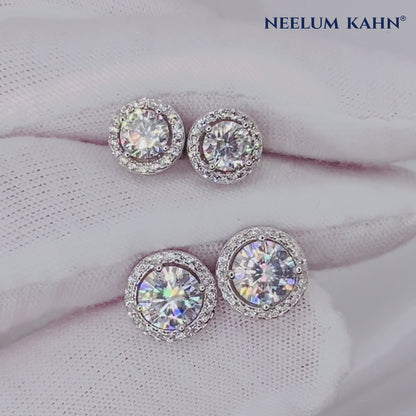 Moissanite Halo Stud Earrings – 0.5 Ct & 1 Ct Each