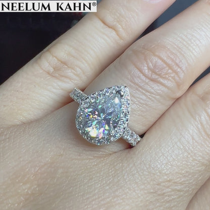 2Ct+ Pear Halo All Moissanite Engagement Ring | 925 Sterling Silver | D Color VVS1