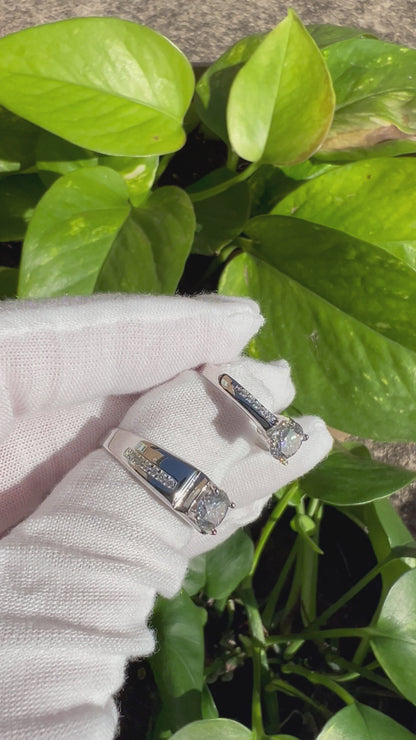 Certified 2Ct (1Ct Each) Moissanite S925 Silver Couple Adjustable Rings With Wooden Heart Ring Box