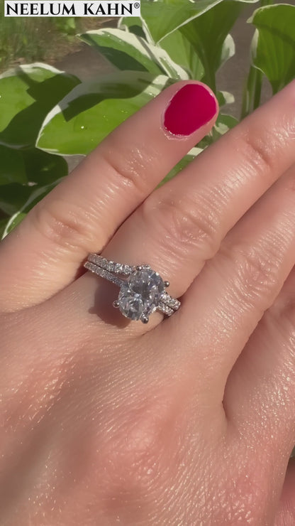 Certified 2.19ct Oval Moissanite Hidden Halo Band Set | S925 Silver | VVS1 | 2 Rings