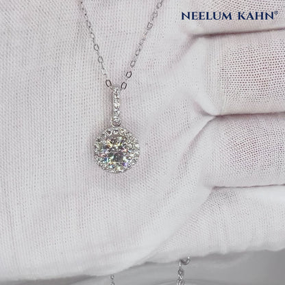 1 Ct Round Moissanite Halo Pendant Necklace | D VVS1 | 18K Gold Plated 925 Sterling Silver