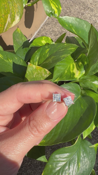 Certified 2Ct Princess Cut Square Moissanite Stud Earrings – 925 Silver for Men & Women with LED Red Heart Ring Box