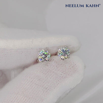 Round Crown Moissanite Stud Earrings – 0.5 Ct Each, 1 Ct Total | 18K Gold Plated 925 Silver | D VVS1
