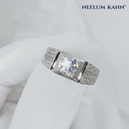 1ct Moissanite Adjustable Men's Ring | White Gold Plated S925 | Greek Key Design Ring