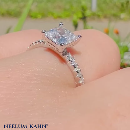 1 Ct Princess Cut Zircon Engagement Ring with Pavé Band | Sterling Silver