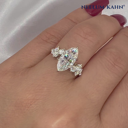 3 Carat + Marquise Cut Moissanite Engagement Ring | 18K White Gold Plated Sterling Silver