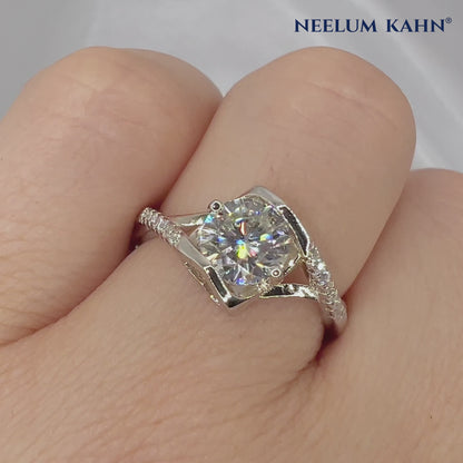 1 Ct Round Moissanite Heart Gallery Infinity Twist Pavé Engagement Ring, S925 Sterling Silver, D Color VVS1 Clarity