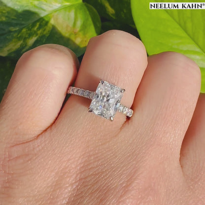 3ct Radiant Cut Moissanite French Pavé Engagement Ring | S925 Silver | D Color VVS1