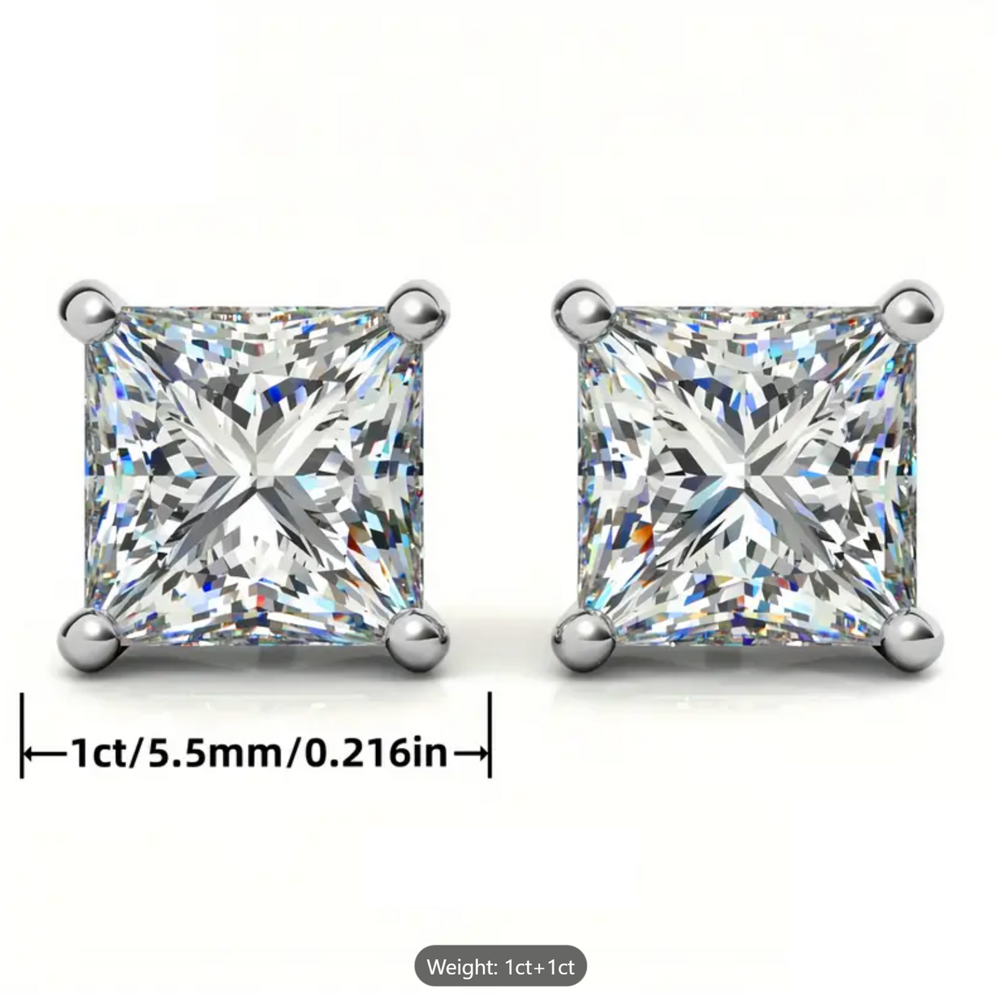 Certified 2Ct Princess Cut Square Moissanite Stud Earrings – 925 Silver for Men & Women with LED Red Heart Ring Box